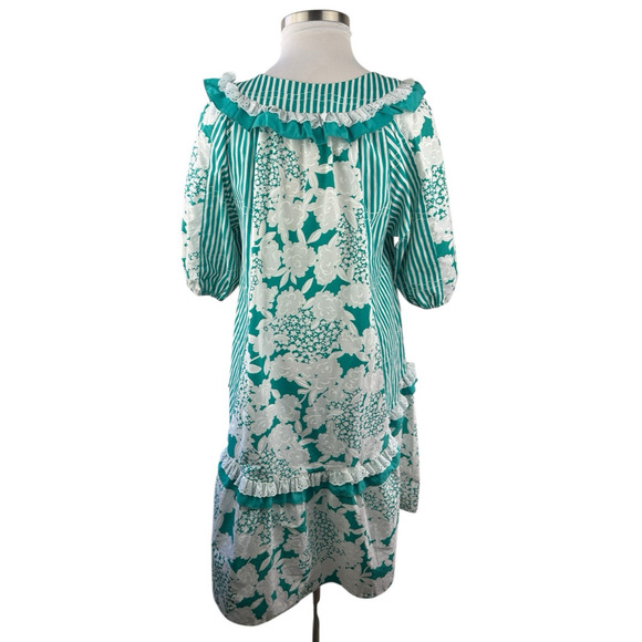 Vintage Tori Richard Floral Striped Muu Muu Ruffled Dress Green White Medium - Picture 15 of 16